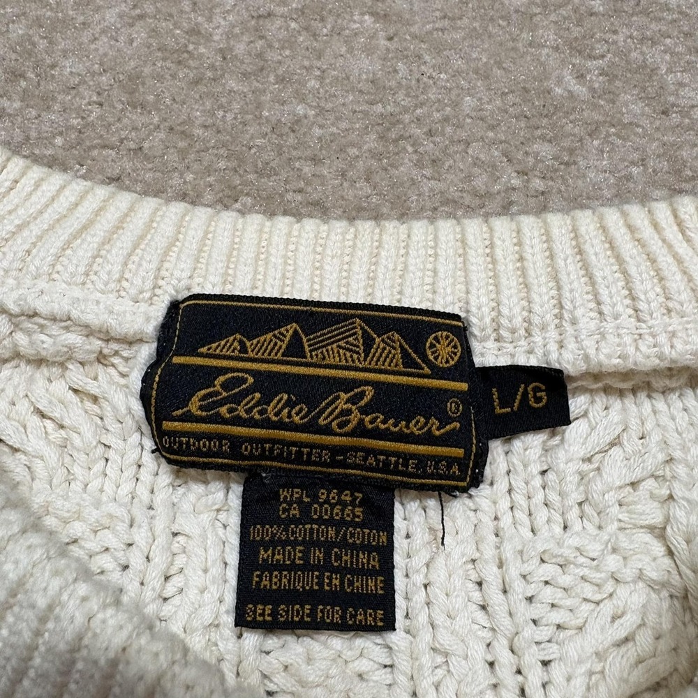 Vtg Eddie Bauer Sweater Mens Large White Cotton Cable Knit Fisherman Aran‎ 90s - Picture 2 of 8